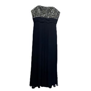 Theia Strapless Beaded Floral Navy Blue Silk Chiffon Gown Size 10